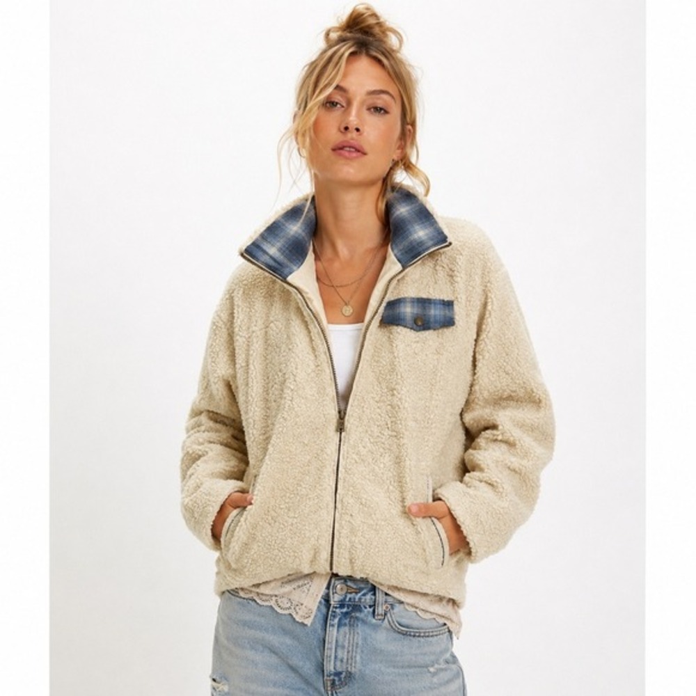 Pendleton Womens Sherpa Fleece Full Zip Jacket Cream Plaid Trim